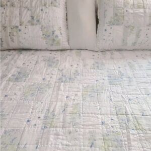 Simply Shabby Chic British Rose F/Q Quilt Blanket Ruffle Blue White W/SHAMS